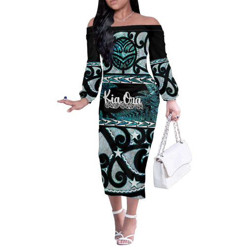 Kia Ora New Zealand Family Matching Off The Shoulder Long Sleeve Dress and Hawaiian Shirt Aotearoa Proud Maori Paua Shell Silver Fern - Aussie Hoodie