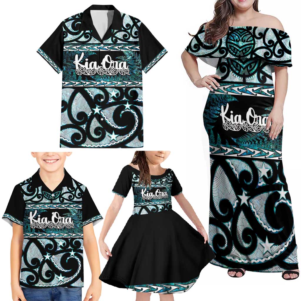 Kia Ora New Zealand Family Matching Off Shoulder Maxi Dress and Hawaiian Shirt Aotearoa Proud Maori Paua Shell Silver Fern - Aussie Hoodie