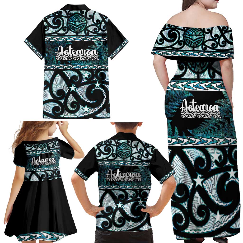 Kia Ora New Zealand Family Matching Off Shoulder Maxi Dress and Hawaiian Shirt Aotearoa Proud Maori Paua Shell Silver Fern - Aussie Hoodie