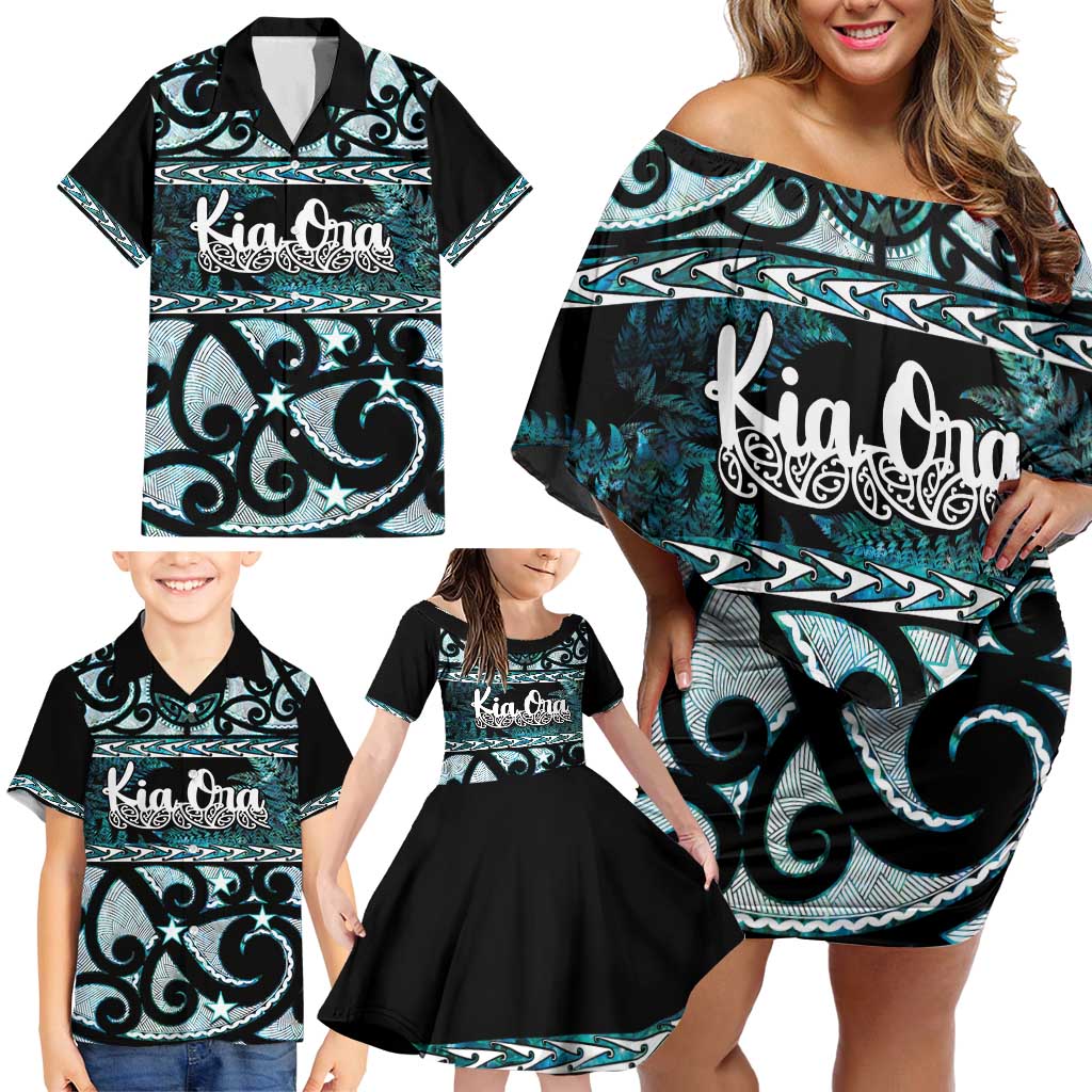 Kia Ora New Zealand Family Matching Off Shoulder Short Dress and Hawaiian Shirt Aotearoa Proud Maori Paua Shell Silver Fern - Aussie Hoodie