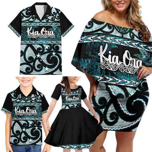 Kia Ora New Zealand Family Matching Off Shoulder Short Dress and Hawaiian Shirt Aotearoa Proud Maori Paua Shell Silver Fern - Aussie Hoodie