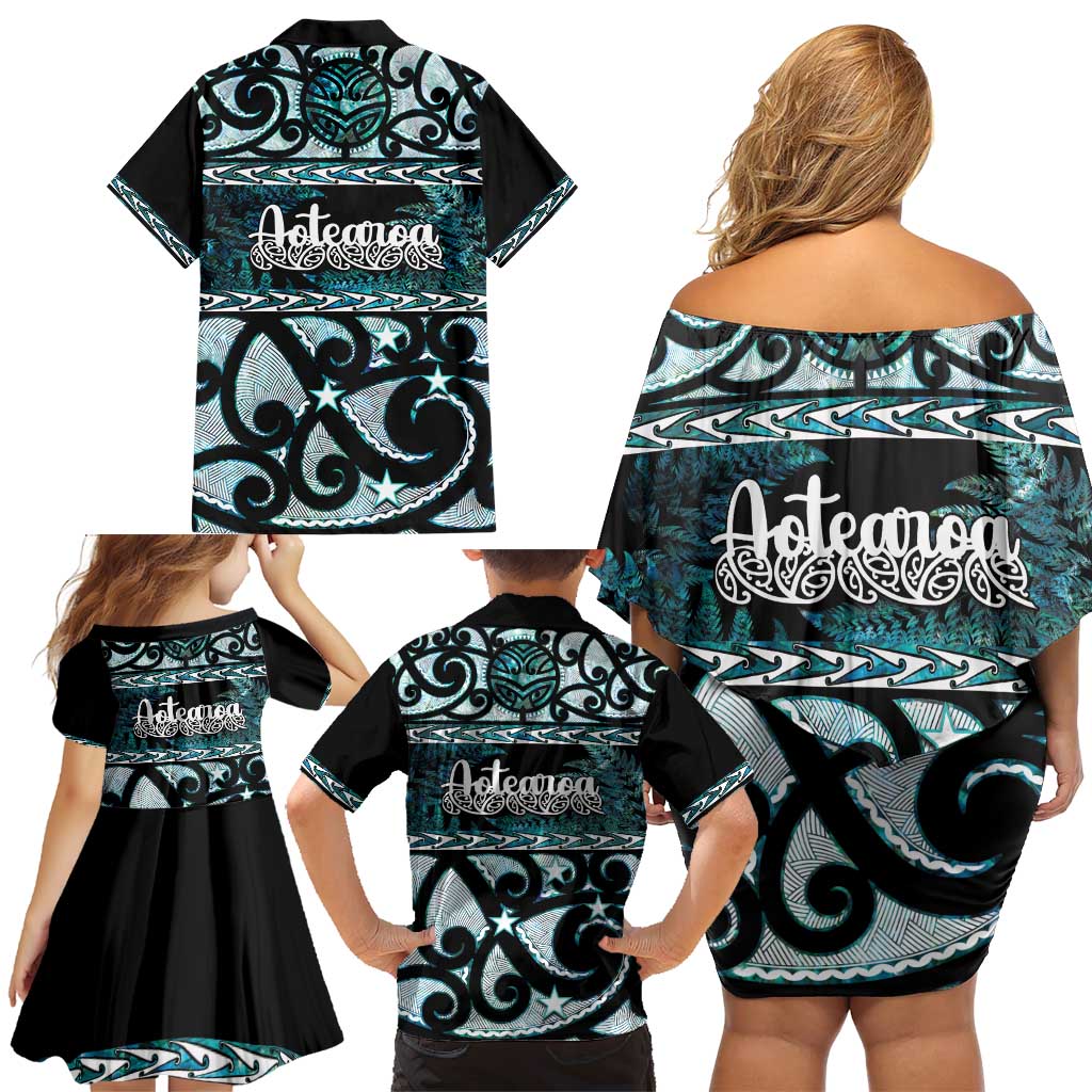 Kia Ora New Zealand Family Matching Off Shoulder Short Dress and Hawaiian Shirt Aotearoa Proud Maori Paua Shell Silver Fern - Aussie Hoodie