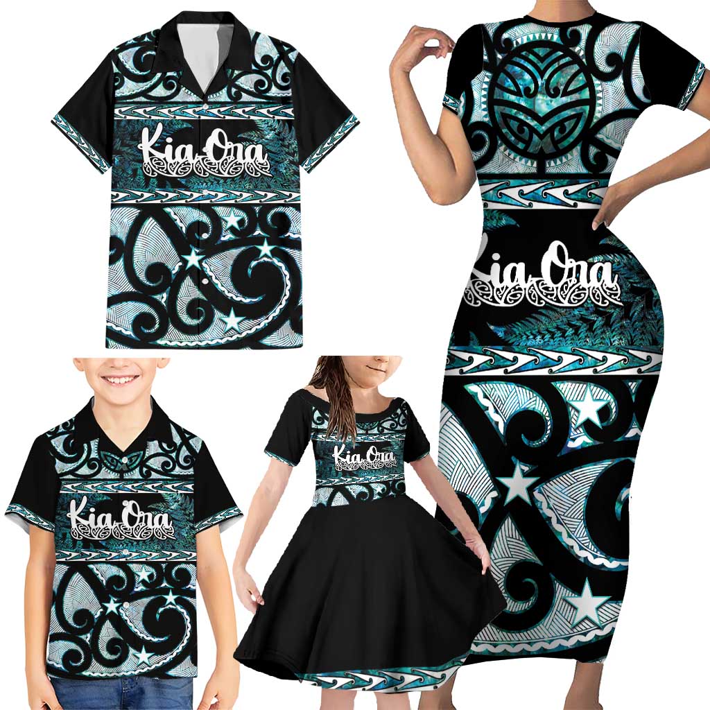 Kia Ora New Zealand Family Matching Short Sleeve Bodycon Dress and Hawaiian Shirt Aotearoa Proud Maori Paua Shell Silver Fern - Aussie Hoodie