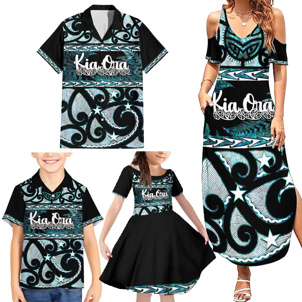 Kia Ora New Zealand Family Matching Summer Maxi Dress and Hawaiian Shirt Aotearoa Proud Maori Paua Shell Silver Fern - Aussie Hoodie