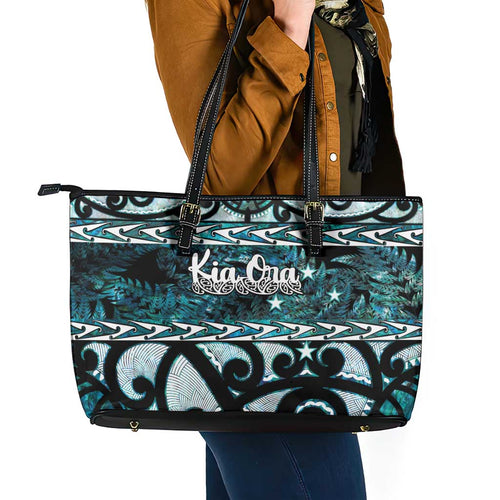 Kia Ora New Zealand Leather Tote Bag Aotearoa Proud Maori Paua Shell Silver Fern - Aussie Hoodie
