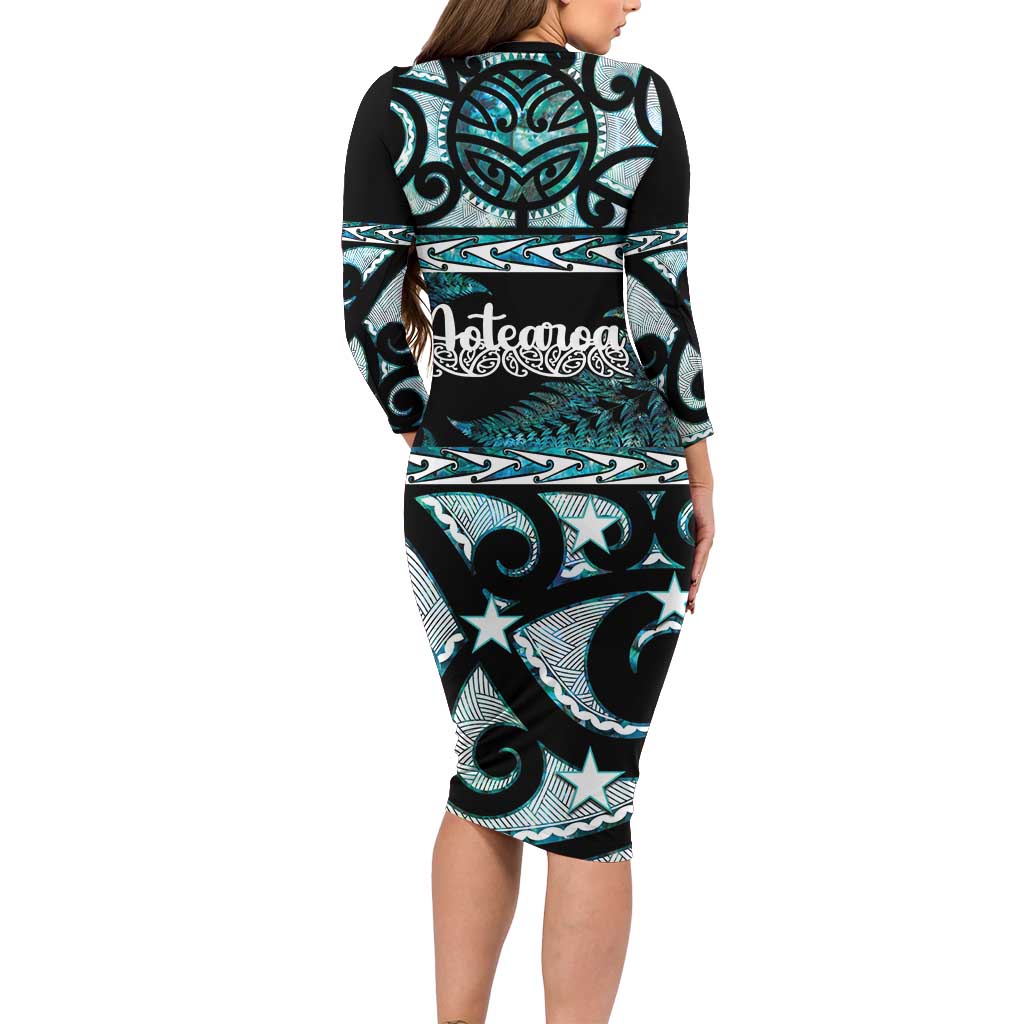 Kia Ora New Zealand Long Sleeve Bodycon Dress Aotearoa Proud Maori Paua Shell Silver Fern - Aussie Hoodie
