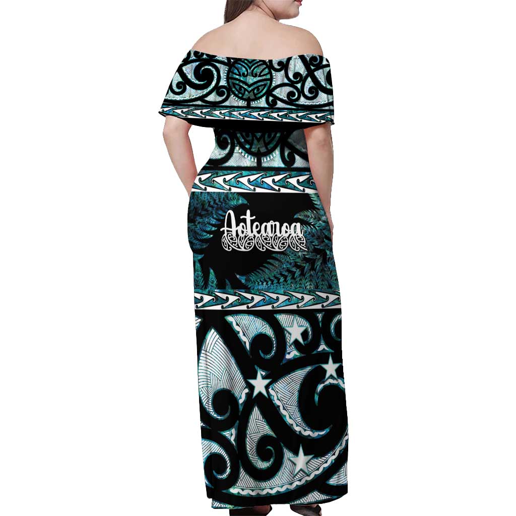 Kia Ora New Zealand Off Shoulder Maxi Dress Aotearoa Proud Maori Paua Shell Silver Fern - Aussie Hoodie