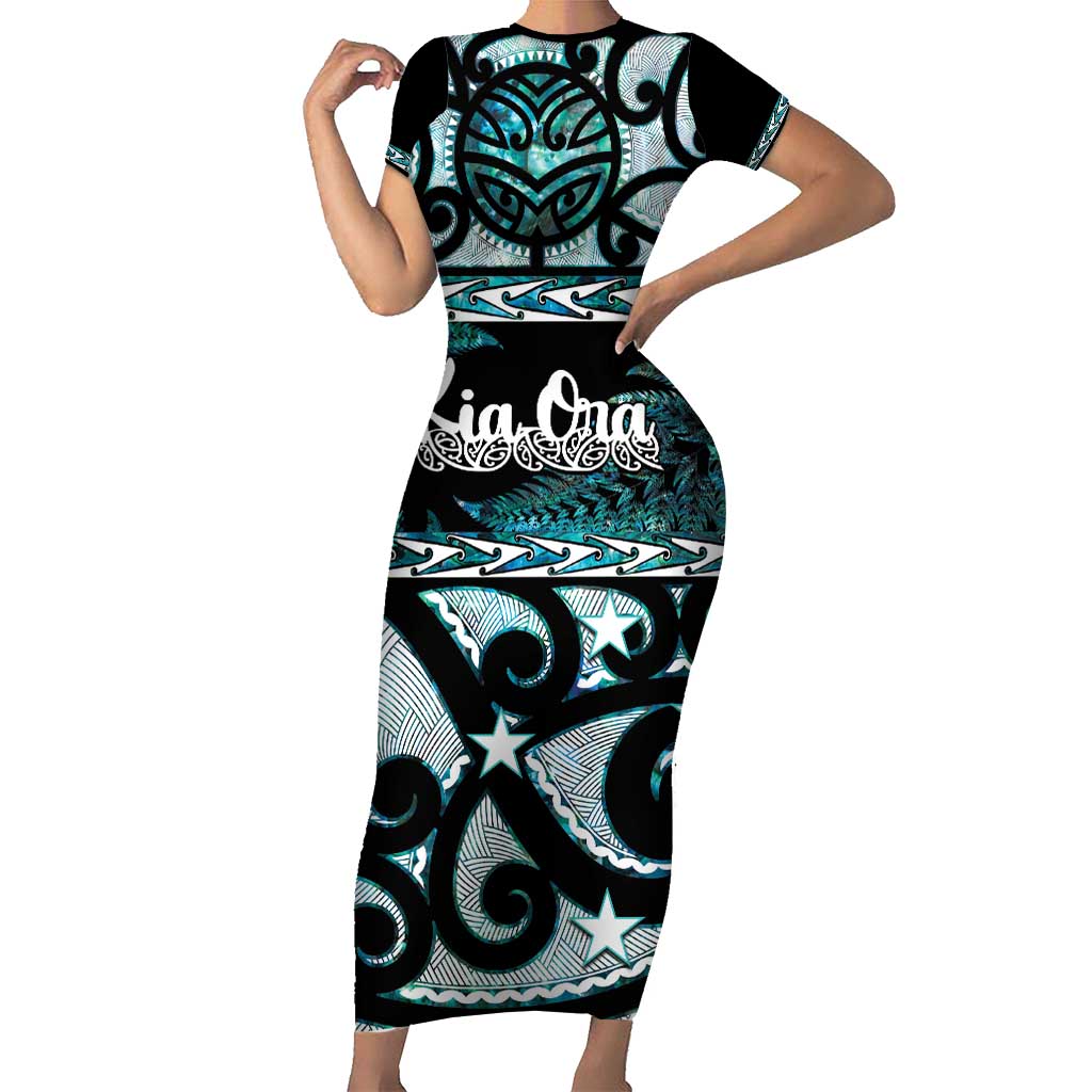 Kia Ora New Zealand Short Sleeve Bodycon Dress Aotearoa Proud Maori Paua Shell Silver Fern - Aussie Hoodie