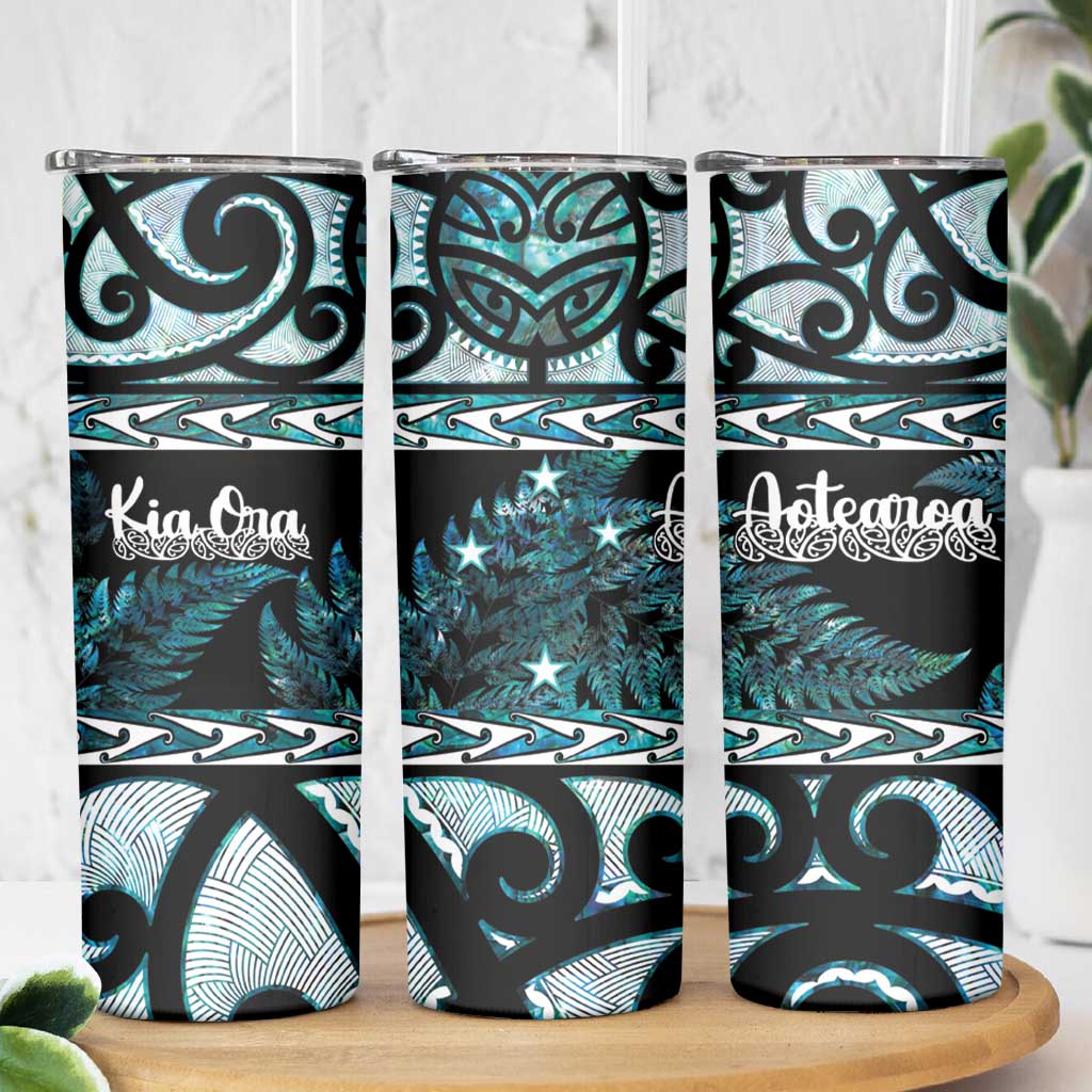 Kia Ora New Zealand Skinny Tumbler Aotearoa Proud Maori Paua Shell Silver Fern - Aussie Hoodie
