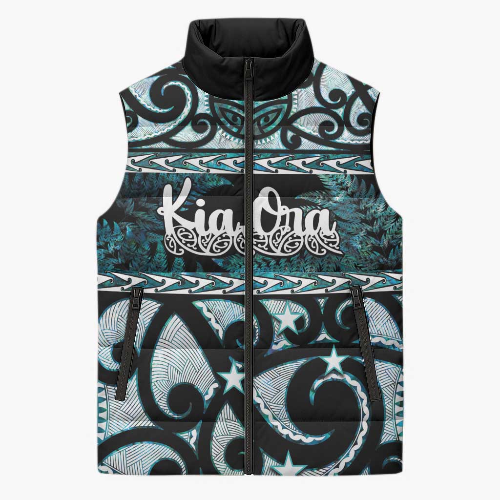Kia Ora New Zealand Sleeveless Puffer Jacket Aotearoa Proud Maori Paua Shell Silver Fern - Aussie Hoodie