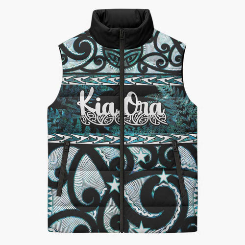 Kia Ora New Zealand Sleeveless Puffer Jacket Aotearoa Proud Maori Paua Shell Silver Fern - Aussie Hoodie