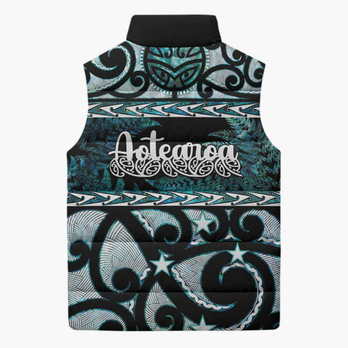 Kia Ora New Zealand Sleeveless Puffer Jacket Aotearoa Proud Maori Paua Shell Silver Fern - Aussie Hoodie