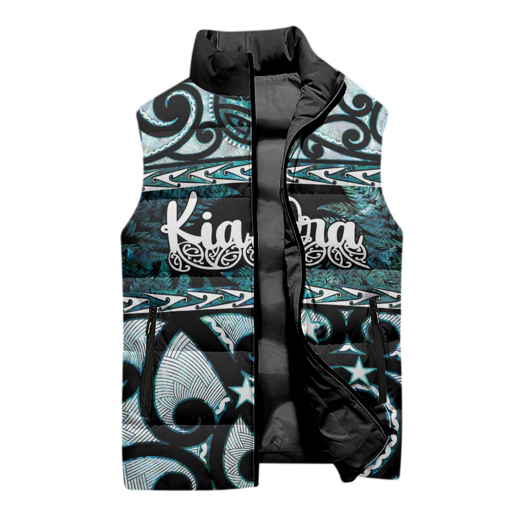 Kia Ora New Zealand Sleeveless Puffer Jacket Aotearoa Proud Maori Paua Shell Silver Fern - Aussie Hoodie