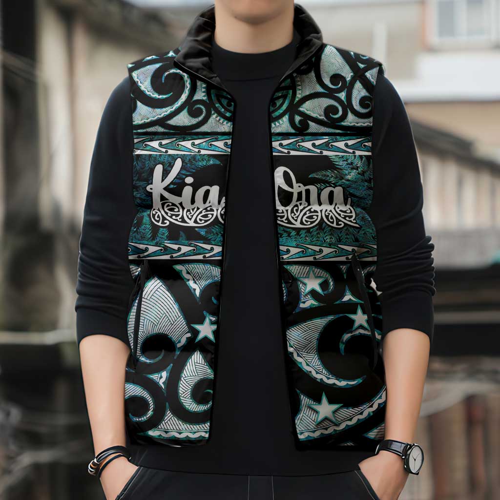 Kia Ora New Zealand Sleeveless Puffer Jacket Aotearoa Proud Maori Paua Shell Silver Fern - Aussie Hoodie
