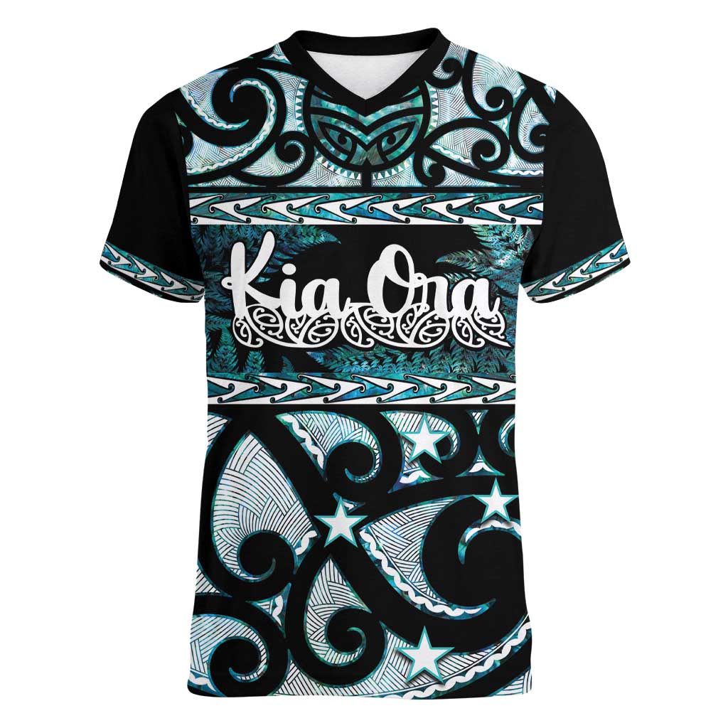 Kia Ora New Zealand Women V-Neck T-Shirt Aotearoa Proud Maori Paua Shell Silver Fern - Aussie Hoodie