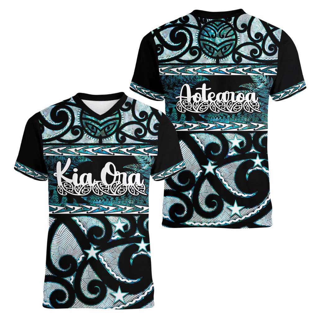 Kia Ora New Zealand Women V-Neck T-Shirt Aotearoa Proud Maori Paua Shell Silver Fern - Aussie Hoodie