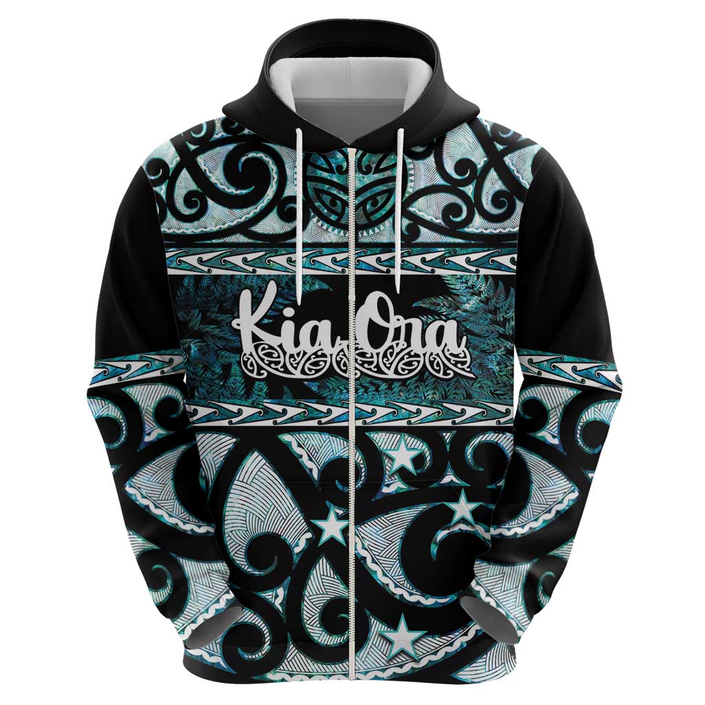 Kia Ora New Zealand Zip Hoodie Aotearoa Proud Maori Paua Shell Silver Fern - Aussie Hoodie