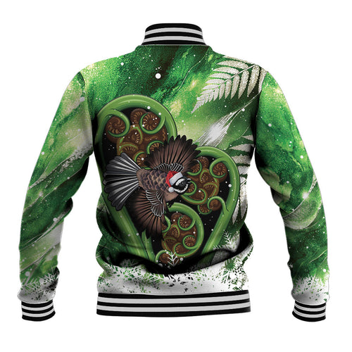 Piwakawaka New Zealand Christmas In July Baseball Jacket NZ Aroha Koru Fern Marble Vibes