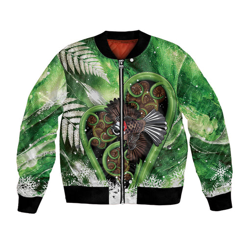 Piwakawaka New Zealand Christmas In July Bomber Jacket NZ Aroha Koru Fern Marble Vibes