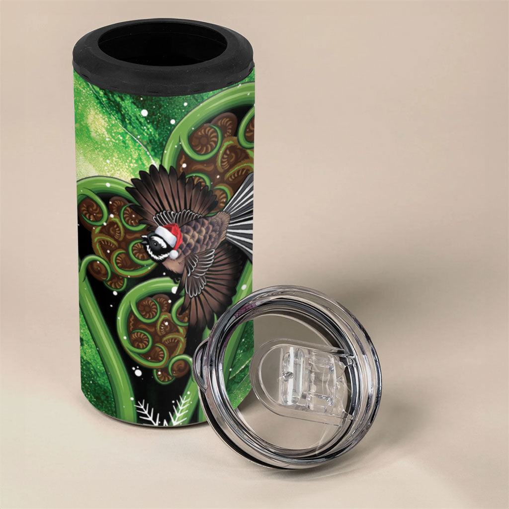 Piwakawaka New Zealand Christmas In July 4 in 1 Can Cooler Tumbler NZ Aroha Koru Fern Marble Vibes
