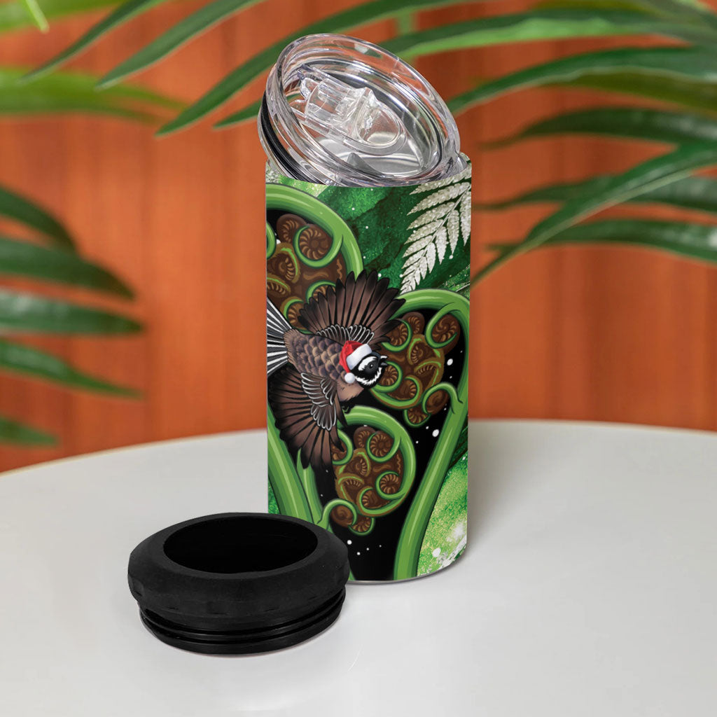Piwakawaka New Zealand Christmas In July 4 in 1 Can Cooler Tumbler NZ Aroha Koru Fern Marble Vibes
