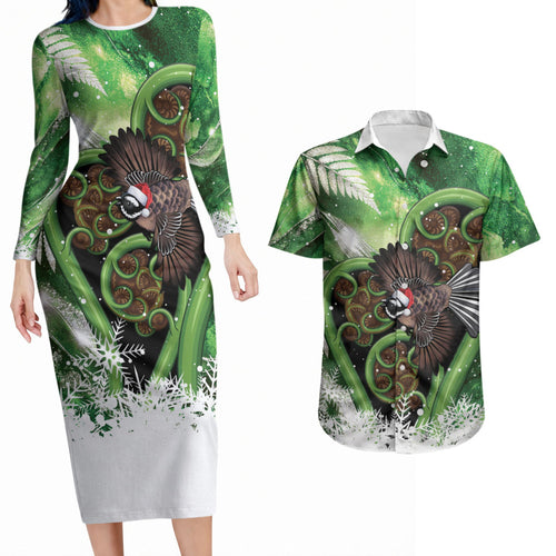 Piwakawaka New Zealand Christmas In July Couples Matching Long Sleeve Bodycon Dress and Hawaiian Shirt NZ Aroha Koru Fern Marble Vibes