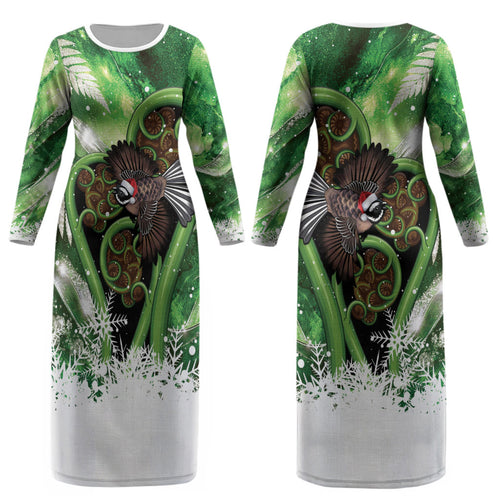 Piwakawaka New Zealand Christmas In July Couples Matching Long Sleeve Bodycon Dress and Hawaiian Shirt NZ Aroha Koru Fern Marble Vibes LT14