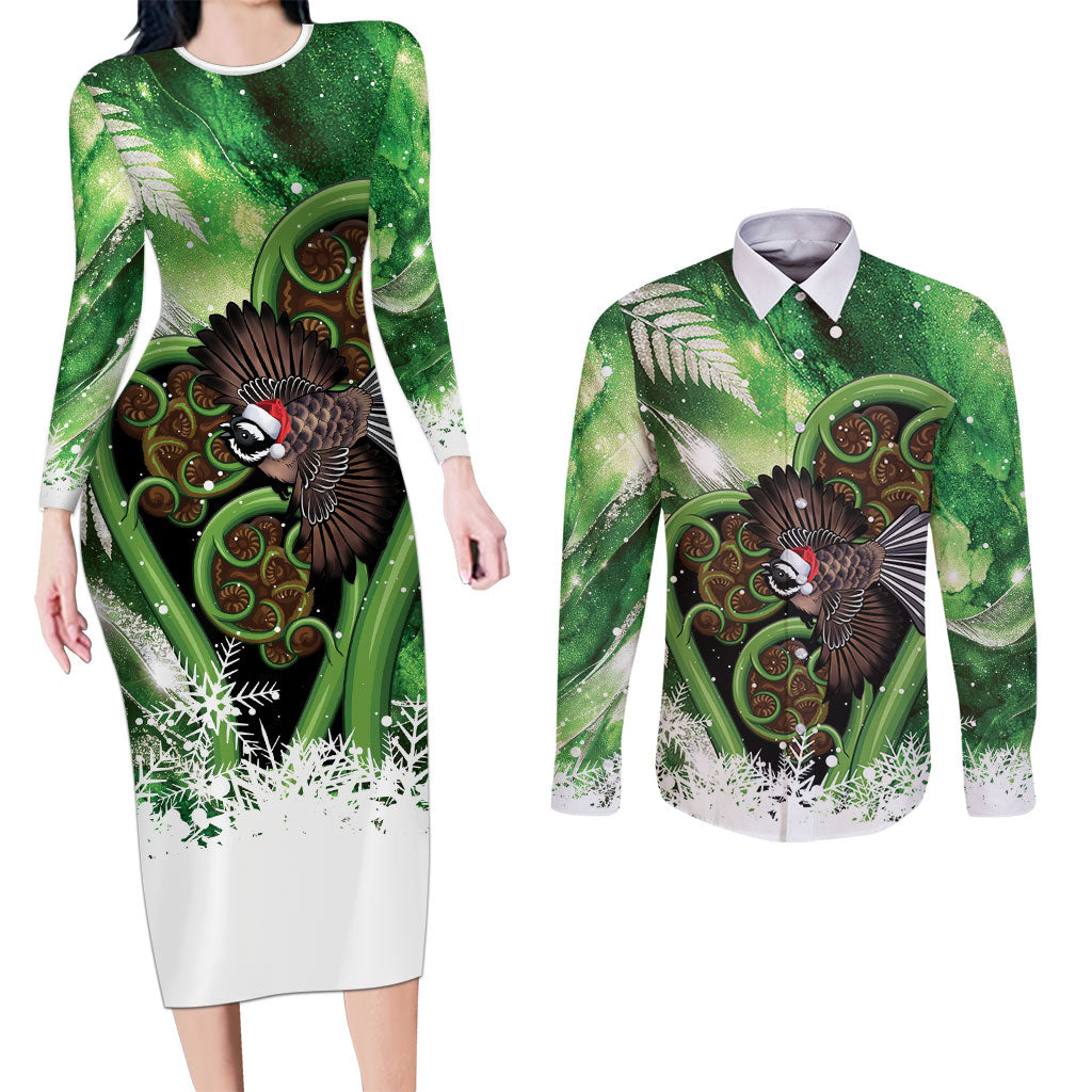 Piwakawaka New Zealand Christmas In July Couples Matching Long Sleeve Bodycon Dress and Long Sleeve Button Shirt NZ Aroha Koru Fern Marble Vibes