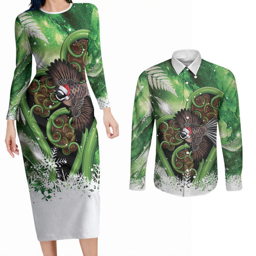 Piwakawaka New Zealand Christmas In July Couples Matching Long Sleeve Bodycon Dress and Long Sleeve Button Shirt NZ Aroha Koru Fern Marble Vibes