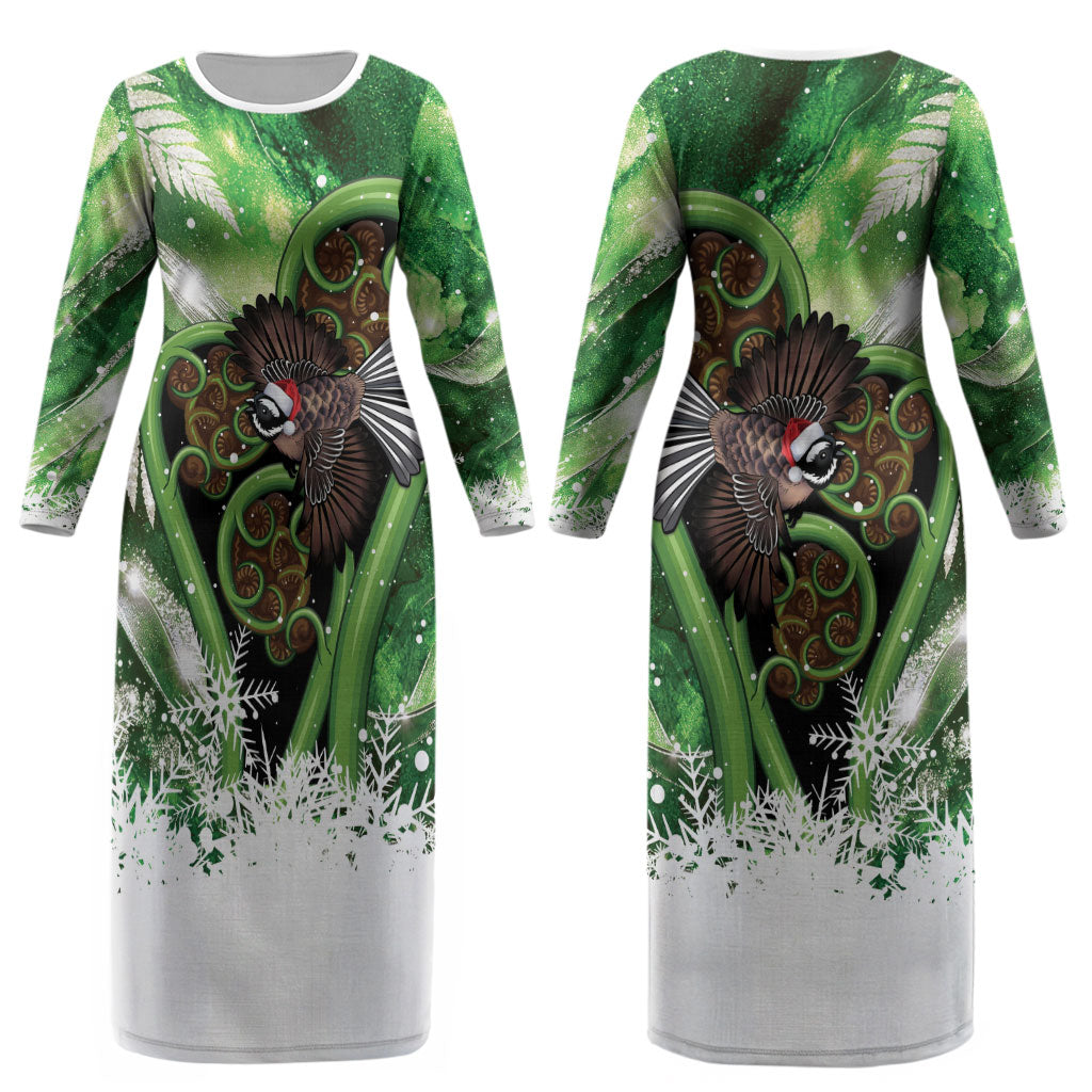 Piwakawaka New Zealand Christmas In July Couples Matching Long Sleeve Bodycon Dress and Long Sleeve Button Shirt NZ Aroha Koru Fern Marble Vibes LT14