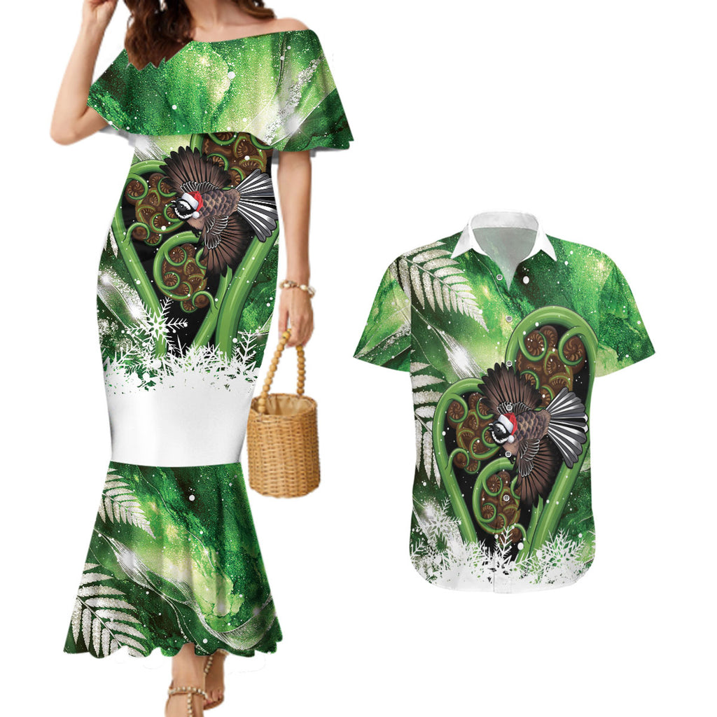 Piwakawaka New Zealand Christmas In July Couples Matching Mermaid Dress and Hawaiian Shirt NZ Aroha Koru Fern Marble Vibes