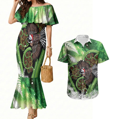 Piwakawaka New Zealand Christmas In July Couples Matching Mermaid Dress and Hawaiian Shirt NZ Aroha Koru Fern Marble Vibes