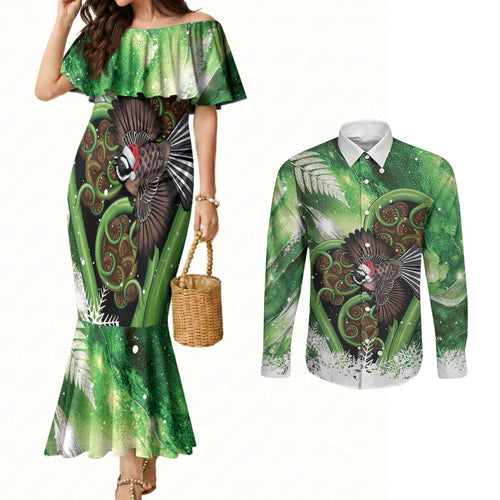 Piwakawaka New Zealand Christmas In July Couples Matching Mermaid Dress and Long Sleeve Button Shirt NZ Aroha Koru Fern Marble Vibes
