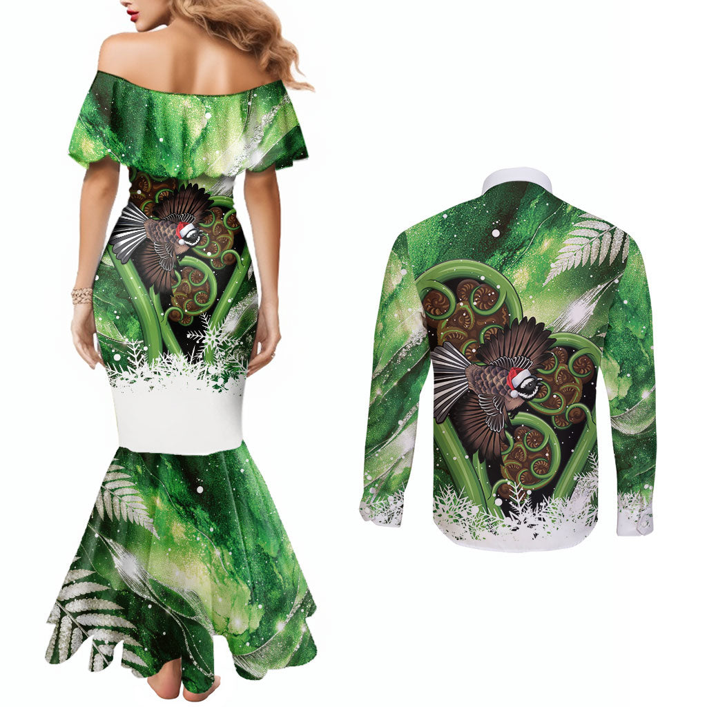 Piwakawaka New Zealand Christmas In July Couples Matching Mermaid Dress and Long Sleeve Button Shirt NZ Aroha Koru Fern Marble Vibes