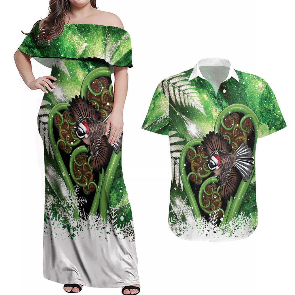 Piwakawaka New Zealand Christmas In July Couples Matching Off Shoulder Maxi Dress and Hawaiian Shirt NZ Aroha Koru Fern Marble Vibes
