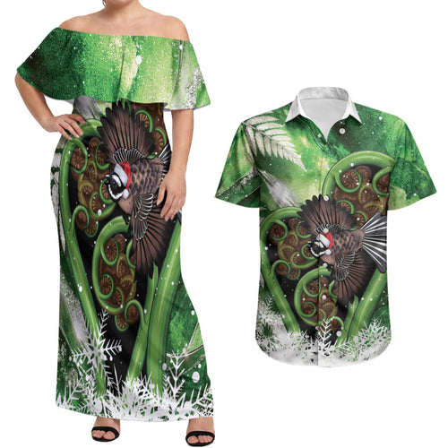 Piwakawaka New Zealand Christmas In July Couples Matching Off Shoulder Maxi Dress and Hawaiian Shirt NZ Aroha Koru Fern Marble Vibes