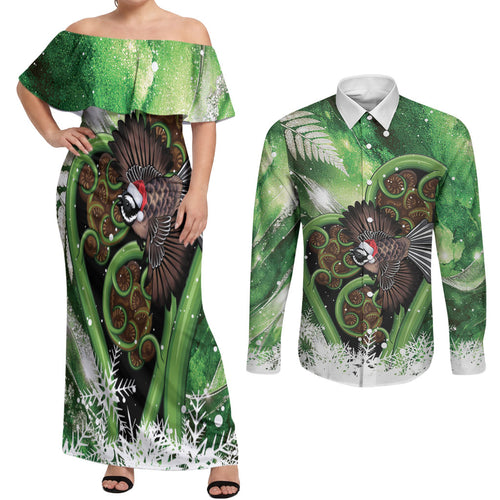 Piwakawaka New Zealand Christmas In July Couples Matching Off Shoulder Maxi Dress and Long Sleeve Button Shirt NZ Aroha Koru Fern Marble Vibes