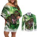 Piwakawaka New Zealand Christmas In July Couples Matching Off Shoulder Short Dress and Long Sleeve Button Shirt NZ Aroha Koru Fern Marble Vibes