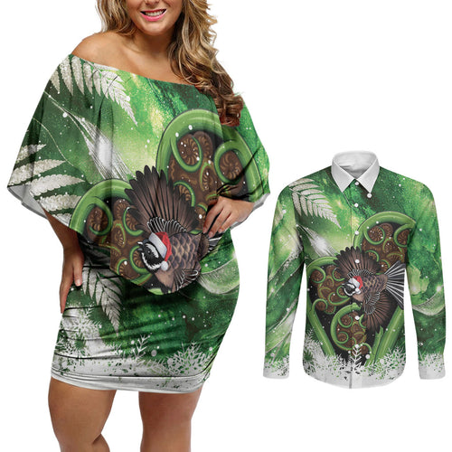 Piwakawaka New Zealand Christmas In July Couples Matching Off Shoulder Short Dress and Long Sleeve Button Shirt NZ Aroha Koru Fern Marble Vibes