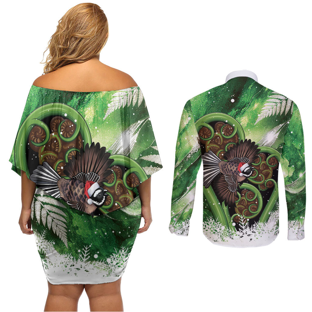 Piwakawaka New Zealand Christmas In July Couples Matching Off Shoulder Short Dress and Long Sleeve Button Shirt NZ Aroha Koru Fern Marble Vibes