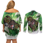 Piwakawaka New Zealand Christmas In July Couples Matching Off Shoulder Short Dress and Long Sleeve Button Shirt NZ Aroha Koru Fern Marble Vibes