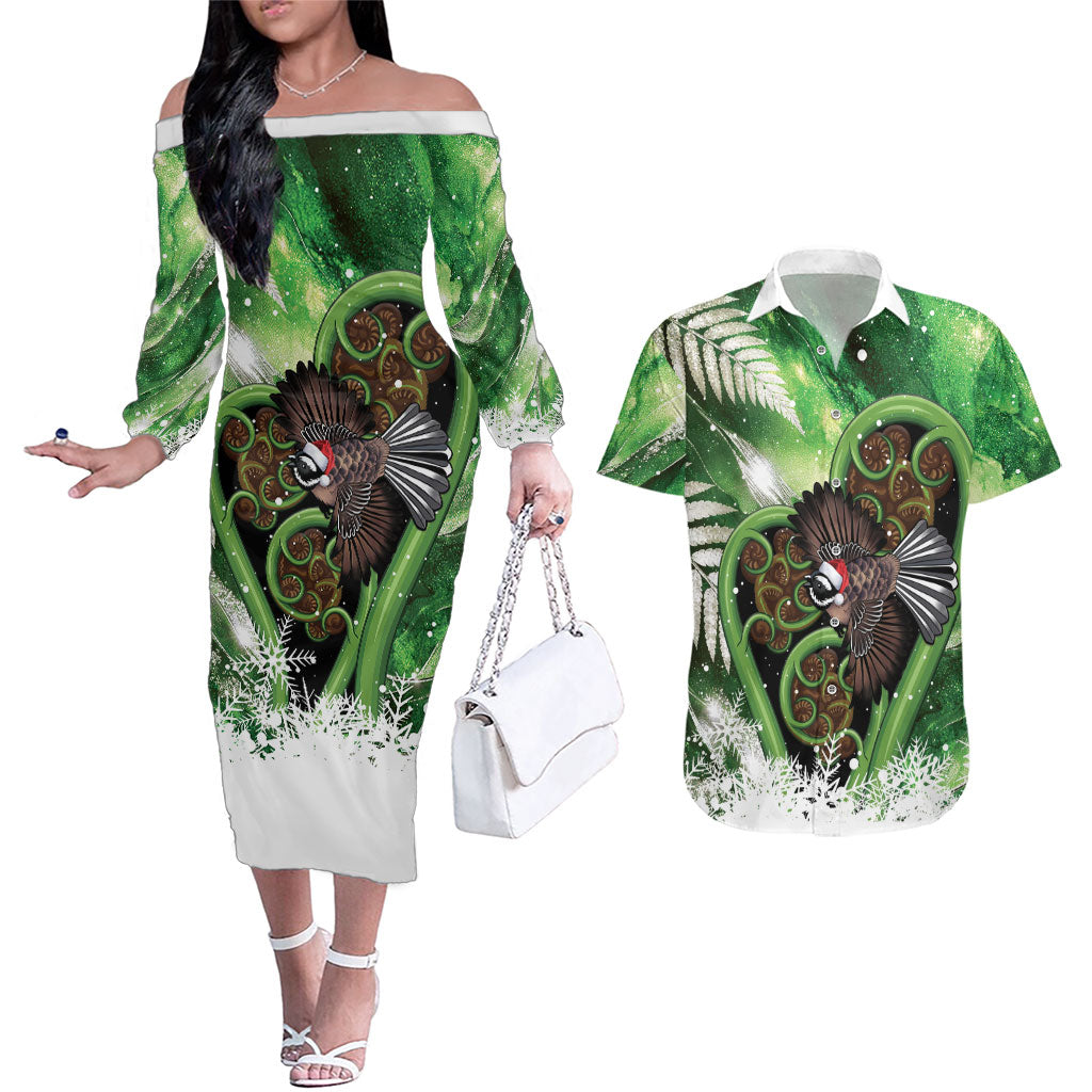 Piwakawaka New Zealand Christmas In July Couples Matching Off The Shoulder Long Sleeve Dress and Hawaiian Shirt NZ Aroha Koru Fern Marble Vibes