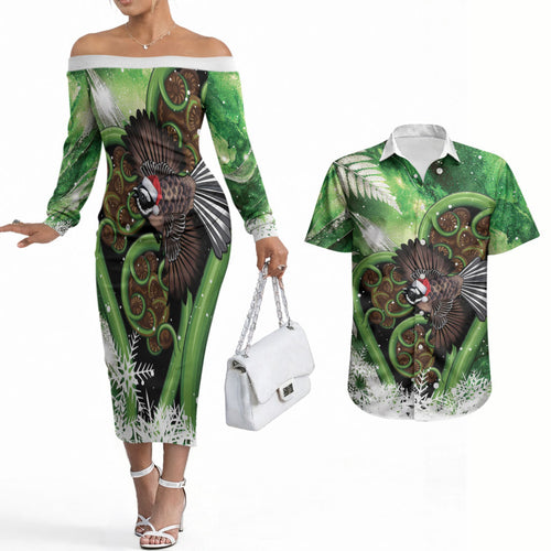 Piwakawaka New Zealand Christmas In July Couples Matching Off The Shoulder Long Sleeve Dress and Hawaiian Shirt NZ Aroha Koru Fern Marble Vibes