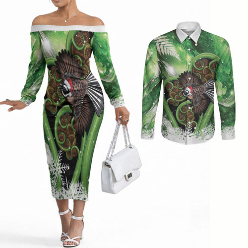 Piwakawaka New Zealand Christmas In July Couples Matching Off The Shoulder Long Sleeve Dress and Long Sleeve Button Shirt NZ Aroha Koru Fern Marble Vibes