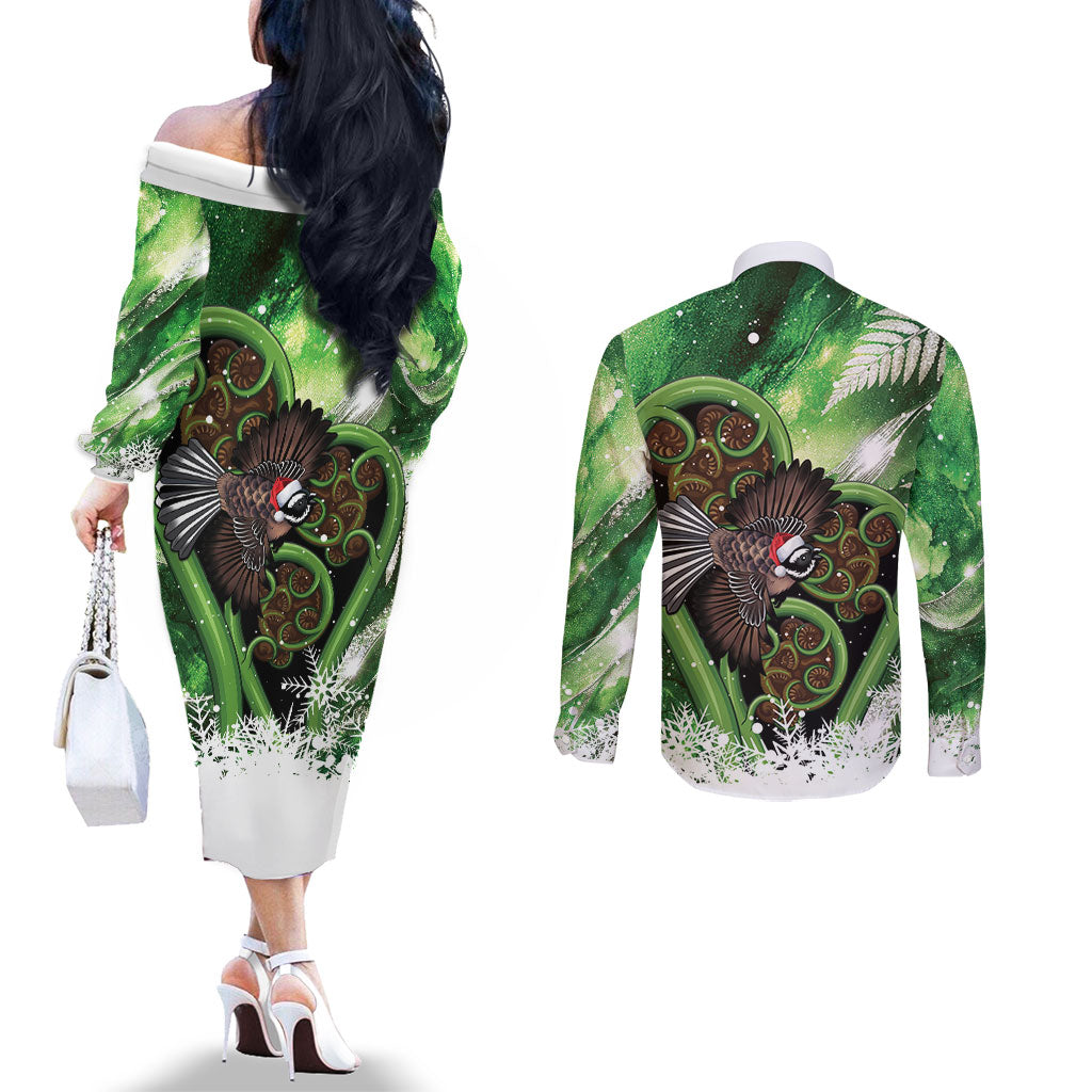 Piwakawaka New Zealand Christmas In July Couples Matching Off The Shoulder Long Sleeve Dress and Long Sleeve Button Shirt NZ Aroha Koru Fern Marble Vibes