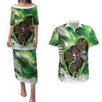 Piwakawaka New Zealand Christmas In July Couples Matching Puletasi and Hawaiian Shirt NZ Aroha Koru Fern Marble Vibes