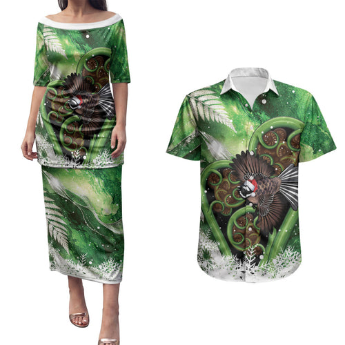 Piwakawaka New Zealand Christmas In July Couples Matching Puletasi and Hawaiian Shirt NZ Aroha Koru Fern Marble Vibes