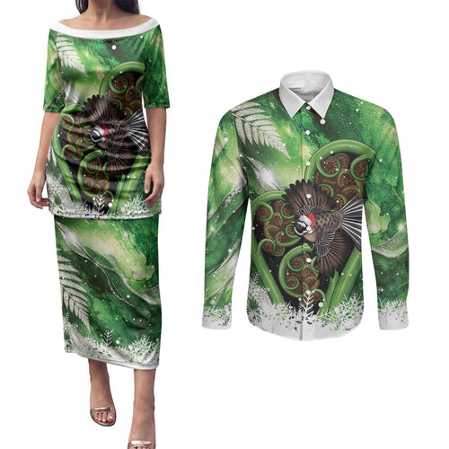 Piwakawaka New Zealand Christmas In July Couples Matching Puletasi and Long Sleeve Button Shirt NZ Aroha Koru Fern Marble Vibes