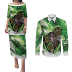 Piwakawaka New Zealand Christmas In July Couples Matching Puletasi and Long Sleeve Button Shirt NZ Aroha Koru Fern Marble Vibes