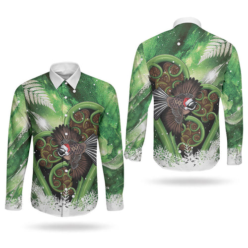Piwakawaka New Zealand Christmas In July Couples Matching Puletasi and Long Sleeve Button Shirt NZ Aroha Koru Fern Marble Vibes